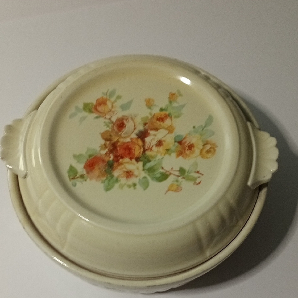 Vintage Floral Ceramic Enamelware Dish with Lid Made By Hall's Superior Quality